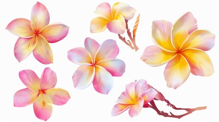 Fototapeta premium Vibrant Plumeria Flowers on White Background for Tropical Decor Generative AI