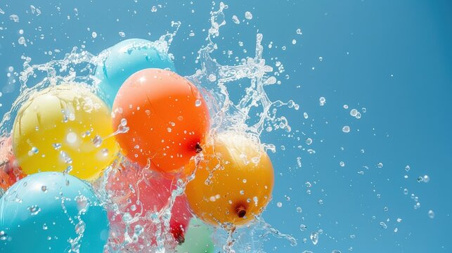 colorful balloons are splashing water on a blue sky