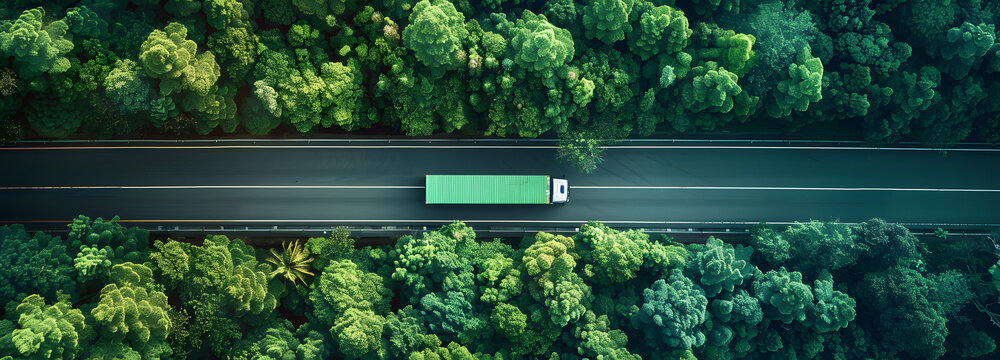 Eco-friendly green truck journeying through breathtaking forest