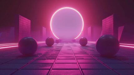 An animated ball with neon lights jumping between square tiles in the air, the background is dark purple and pink in the style of vaporwave aesthetics.