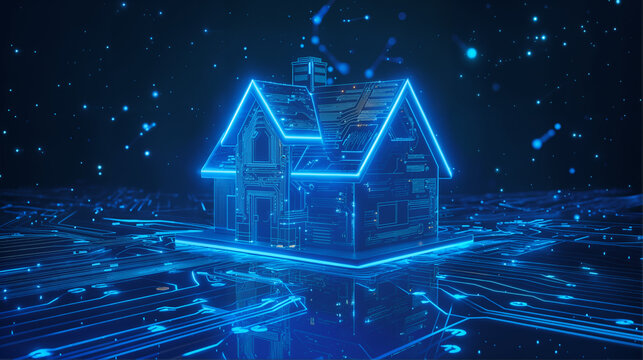 a neon light house on printed circuit board, Smart home IOT technology, home connection automation