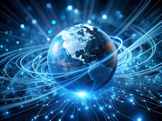 Obraz premium A digital illustration of a glowing blue and green planet earth with a network of blue light trails in the background.