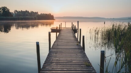 Naklejka premium Lake landscape with wooden pier in soft light after sunset