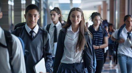 Fototapeta premium High School Students in Stylish Uniforms Walking Down Hallway with Backpacks and Books