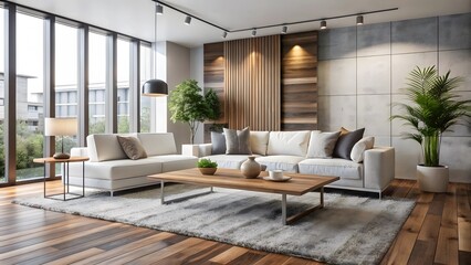 Fototapeta premium Airy And Bright Living Room With White Sofa, Plants, And Wood Accents