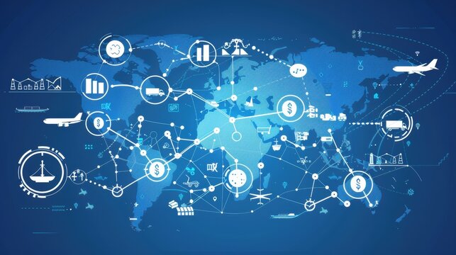 A detailed map of the world with interconnected lines representing global supply chains, featuring icons of planes, ships, and trucks, symbolizing the international logistics network.