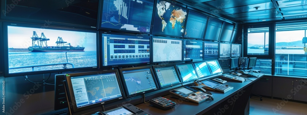 Poster advanced fleet management: a modern control room with screens showing live feeds and data from vario