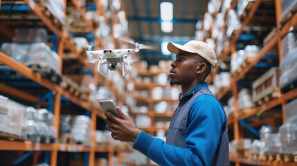 A warehouse manager using a drone to inspect inventory on high shelves.