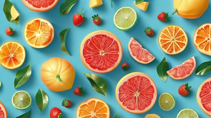   A group of cut-in-half fruit  on a blue surface