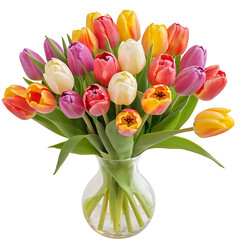 Fototapeta premium A vibrant bouquet of colorful tulips in various shades of yellow, orange, pink, and purple. Perfect for adding a touch of spring to designs and celebrating special occasions. Ideal for flower shops, g