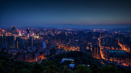 Obraz premium A city at night with many lights on