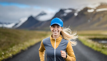 Young blonde caucasian woman jogging in a Icelandic landscape on the asphalt of a road