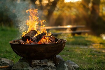 Relaxing and cozy campfire at dusk in the tranquil and peaceful outdoors, enjoying the golden hour sunset with a warm fire, perfect for camping and leisurely outdoor activities