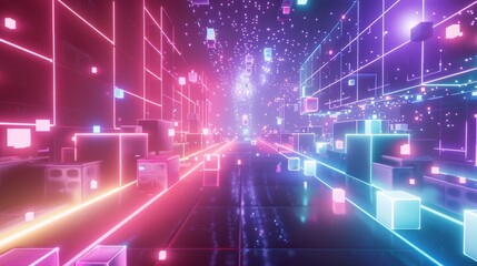 musical neon color background with white squares and purple lights.