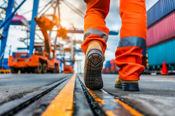 Close-up of Worker in Orange Safety Uniform Walking in Shipping Container Yard, Industrial and Logistics Concept.