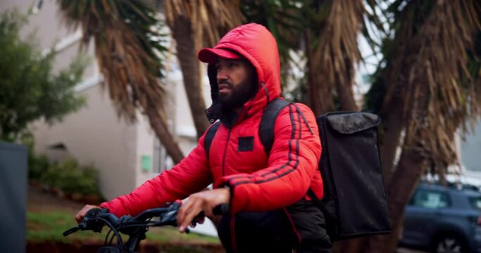 Outdoor, man and driving scooter for delivery or oder, parcel and package for customer in Spain. Motorcycle, worker and road with backpack for food takeaway, dropshipping and ecommerce for courier