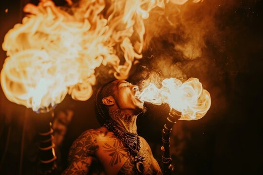 Tattooed fire performer breathes out a spectacular plume of flame
