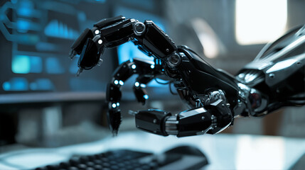 Fototapeta premium Advanced Black AI Robotic Hand Touching Computer Screen in High-Tech Laboratory, Future Technology Concept