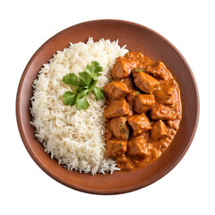 A plate of fragrant basmati rice and flavorful chicken curry, garnished with fresh cilantro. Perfect for showcasing Indian cuisine, restaurant menus, food blogs, and recipe websites.