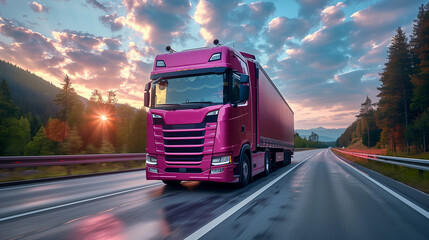A pink modern truck on the road at sunset. 