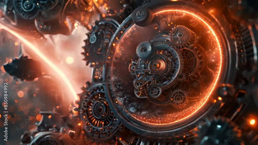 Poster molecular structure as a miniature time machine with intricate gears and glowing crystals