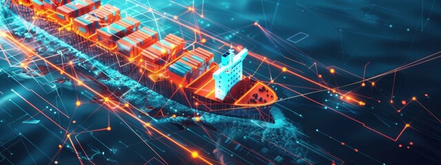 Blockchain in Shipping Logistics: An illustration of blockchain technology ensuring secure and transparent transactions in shipping logistics, with a cargo ship and digital blocks connected by lines.