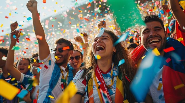 Joyful Unity: Diverse Fans Celebrating with Flags and Confetti at World Cup Fan Fest