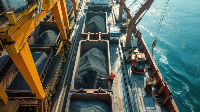 Bulk Cargo Handling: Workers and machinery handling bulk cargo like coal, grains, or minerals at a busy shipping terminal, illustrating the logistics of bulk goods transport.