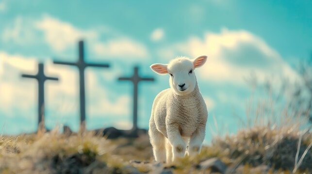 Lamb standing in front of the three crosses on Calvary hill