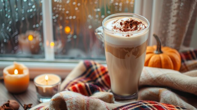 A cozy autumn scene featuring a pumpkin spice latte, candles, and a pumpkin by a window