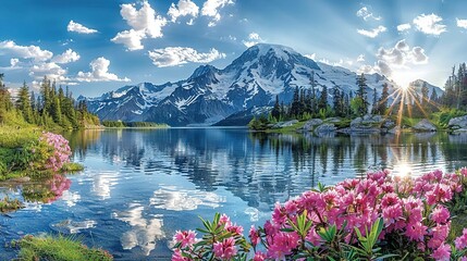   A stunning view of a lake surrounded by majestic mountains, adorned with vibrant pink blossoms