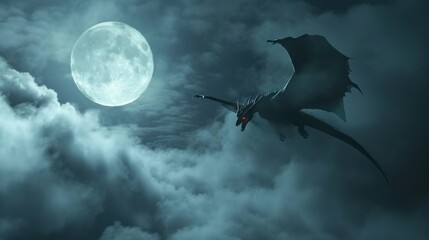 Fototapeta premium Powerful dragon flying in sky with clouds and moon.