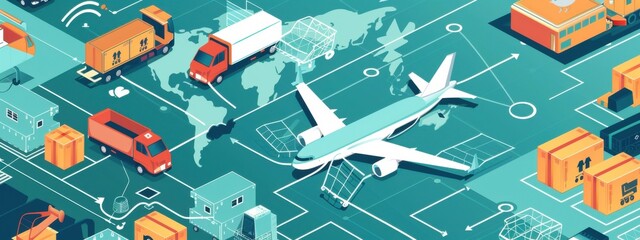 Cross-Border E-commerce Logistics: An illustration of the logistics involved in cross-border e-commerce, including customs clearance, international shipping, and local delivery.
