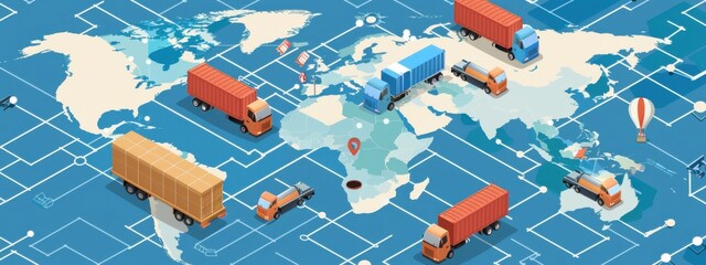 Cross-Border E-commerce Logistics: An illustration of the logistics involved in cross-border e-commerce, including customs clearance, international shipping, and local delivery.