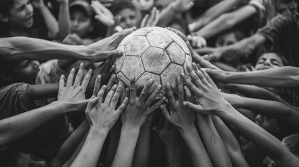 Many hands holding a soccer ball together AIG535