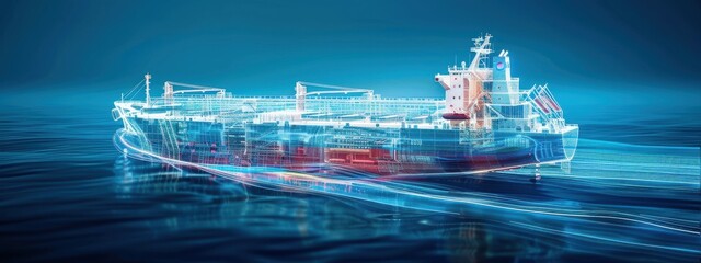 Obraz premium Digital Twin of a Cargo Ship: A digital twin of a cargo ship used for simulations and real-time monitoring, optimizing performance and ensuring safety.