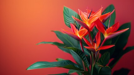 A close-up shot of vibrant orange and red Bird of Paradise flowers with dark green leaves against a soft red background.