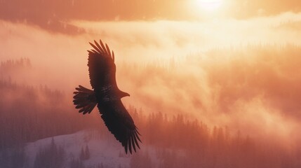 Obraz premium Eagle flying in sky in Grand Canyon in winter with snow.