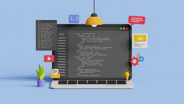Web development and coding concept. Application or software development, web design, coding and programming on laptop. 4k 3d animation