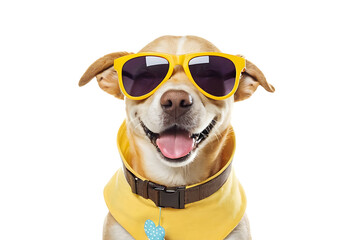 dog wearing sunglasses, A happy dog wearing yellow sunglasses and a matching bandana, perfect for summer-themed promotions, pet product advertising, and social media content. Ideal for pet stores, vet