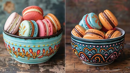   A bowl of macaroons and a bowl of macaroni & cheese