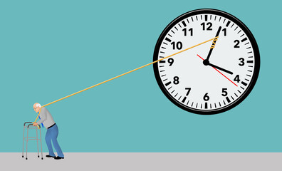 An elderly man past his prime pulls a rope tied to a clock hand trying to pull time backwards. This is a 3-d illustration about turning back time.