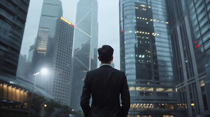 Confident Asian Businessman in Urban Landscape, Modern City Ambition, Professional Success, Diversity