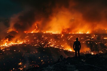 Fototapeta premium Lone person stands against a dramatic night time wildfire, showcasing nature's fury