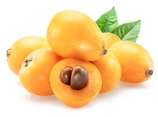 Ripe perfect loquat fruits with green leaves isolated on white background.