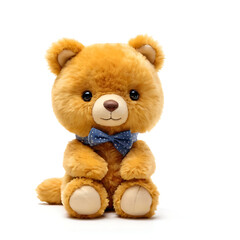 Obraz premium A charming golden teddy bear plush toy with a dapper blue bowtie, perfect for cuddling and adding a touch of whimsy to any space. Ideal for children's toy and gift websites, baby shower decor, teddy 