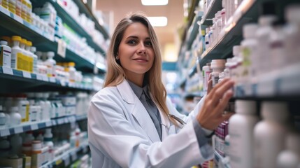 Portrait of a female smiling pharmacist in a drug store