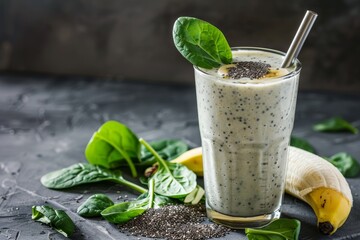 Nutritious Spinach Banana Smoothie with Almond Milk and Chia Seeds for Healthy Breakfast