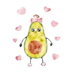 Cute avocado kids print with pink bow and hearts, watercolor vector