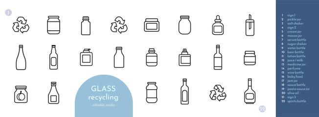 Glass packaging recycling icon set with editable stroke. Collection of line pictograms for web design and mobile interface. Items you can recycle: food, drink, medicine, cosmetics jars and bottles